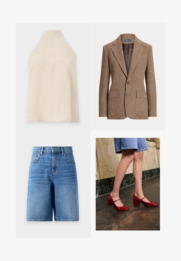 Bruine herringbone wollen blazer met notch revers, twee voorflapzakken, twee knopen en een gladde bruine voering.; Beige haltertop, zonder mouwen, zachte stof met een gladde textuur, hoge kraag en een A-lijn silhouet. Minimalistische stijl.; Lichtblauwe denimshorts met een hoge taille, wijde pijpen, vijf zakken en gestikte details langs de randen.; Persoon in glanzende rode Mary Jane blokhakken en een blauwe denim rok, staand op een donker betegelde vloer nabij een marmeren wand.