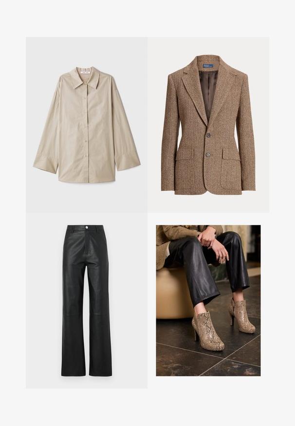Καφέ σακάκι από μάλλινο ύφασμα με ρόμβους, με λαιμόκοψη notch, δύο μπροστινές τσέπες με καπάκι, δύο κουμπιά και λεία καφέ εσωτερική επένδυση.; Μπεζ μακρυμάνικο πουκάμισο με μεγάλο μυτερό γιακά, κουμπιά μπροστά και φαρδιά μανίκια. Φτιαγμένο από μαλακό, ελαφρύ ύφασμα.; Μαύρο δερμάτινο παντελόνι με λεία υφή, σχέδιο με φαρδιές παντούφλες, κλείσιμο μπροστά με κουμπί και διακριτές ραφές.; Άτομο που φορά μαύρο δερμάτινο παντελόνι και καφέ μπότες ψηλές με σχέδιο από φίδι, καθισμένο σε μια μπεζ καρέκλα σε εσωτερικό χώρο.