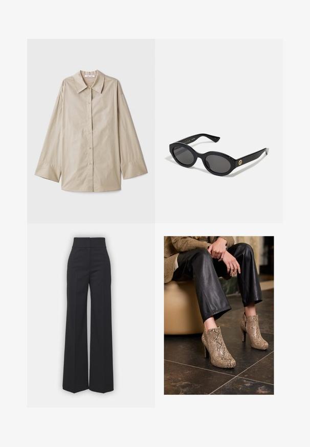 Blazer in lana a motivo a spina di pesce marrone con rever a lancia, due tasche a patta frontali, due bottoni e foderato in morbido tessuto marrone.; Camicia beige a maniche lunghe con un ampio colletto a punta, chiusura con bottoni e polsini larghi. Realizzata in un tessuto morbido e leggero.; Pantaloni a gamba larga in tessuto nero con vita alta, caratterizzati da una finitura pulita e una texture liscia. Nessun hardware visibile o motivi.; Persona vestita con pantaloni in pelle nera e stivali alla caviglia con tacco alto in pelle d'anguilla beige, seduta su una sedia beige all'interno.; Occhiali da sole neri a forma ovale con lenti scure e montatura in plastica lucida. Presentano un logo dorato sulla stanghetta, offrendo un design elegante e moderno.