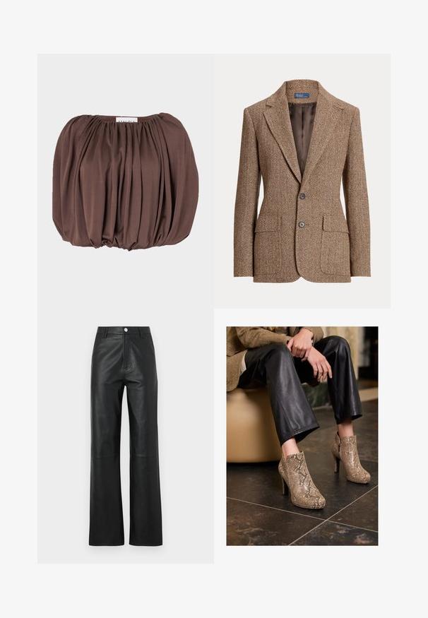 Brauner Herringbone-Wollblazer mit Reverskragen, zwei Fronttaschen mit Klappen, zwei Knöpfen und glatter brauner Innenseite.; Brauner Bluse mit Puffärmeln aus weichem Stoff mit Faltenmuster, ausgestattet mit einem gerafften Halsausschnitt und abgerundetem Saum.; Schwarze Lederhosen mit glatter Textur, weitem Bein, Frontknopfverschluss und dezenten Nähdetails.; Person in schwarzen Lederhosen und beigen High Heels mit Schlangenleder-Muster, sitzt auf einem beigen Sitzplatz drinnen.