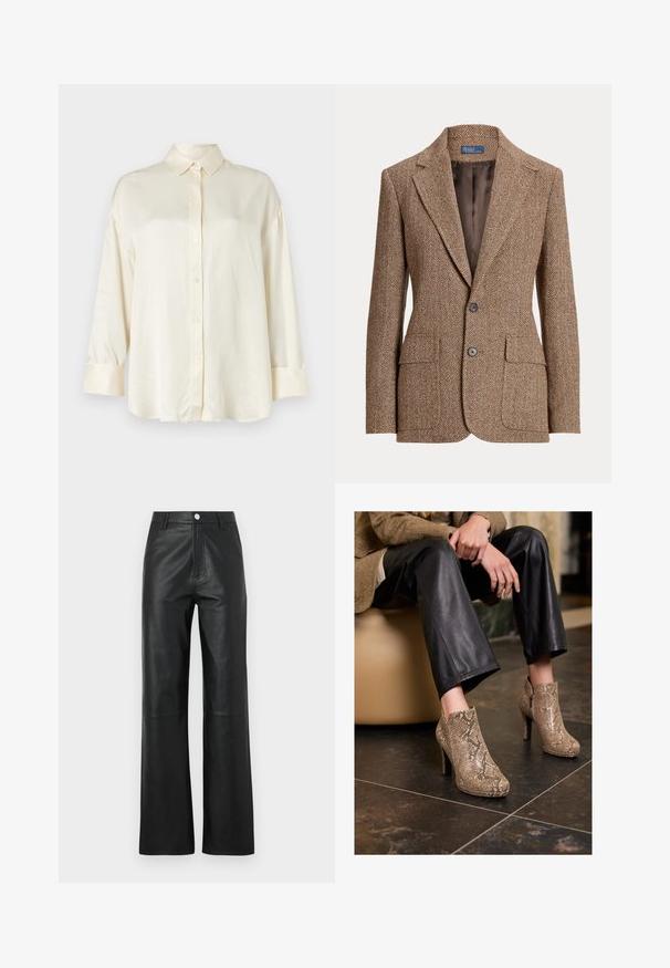 Blazer en laine marron à motif chevrons, avec des revers à cran, deux poches avant à rabat, deux boutons et une doublure intérieure marron lisse.; Chemise à manches longues couleur crème avec un devant à boutons, un col pointu et des manches à poignets, fabriquée en tissu lisse.; Pantalons en cuir noir avec une texture lisse, un design à jambes larges, une fermeture à bouton sur le devant et des détails de couture subtils.; Personne portant un pantalon en cuir noir et des bottines à talons hauts en simili cuir serpent beige, assise sur un siège beige à l'intérieur.