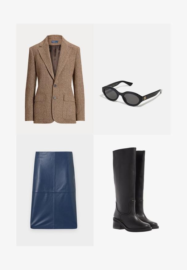 Ruskea herringbone-villablazer, jossa on novellikaariset läpät, kaksi etulokeroa, kaksi nappia ja sileä ruskea vuori.; Valkoinen pitkähihainen paita, jossa on venepääntie. Valmistettu pehmeästä materiaalista, jossa on leveät hihat ja suora helma, mikä tarjoaa yksinkertaisen ja monikäyttöisen muotoilun.; Laivastonsininen nahkainen kynähame, jossa on sileä, kiiltävä pinta. Hameessa on yksinkertainen, virtaviivainen muotoilu ja suora leikkaus. Ei näkyvää metalliosaa.; Mustat nahkaiset polvipituiset saappaat, joissa on sileä pinta, pyöreä kärki ja leveä korko. Niissä on hienovaraisia ompeleita ja virtaviivainen muotoilu.; Mustat soikeat aurinkolasit tummilla linsseillä ja kiiltävästä muovista valmistetulla kehällä. Varustettu kullanvärisellä logolla temppeleissä, tarjoten tyylikkään ja modernin muotoilun.; Tan suede laukku kahdella pitkällä kahvalla, suorakulmainen muoto ja koristeellinen ompelu. Sisältää sivuhihnan ja hillittyjä kultaisia varusteita.