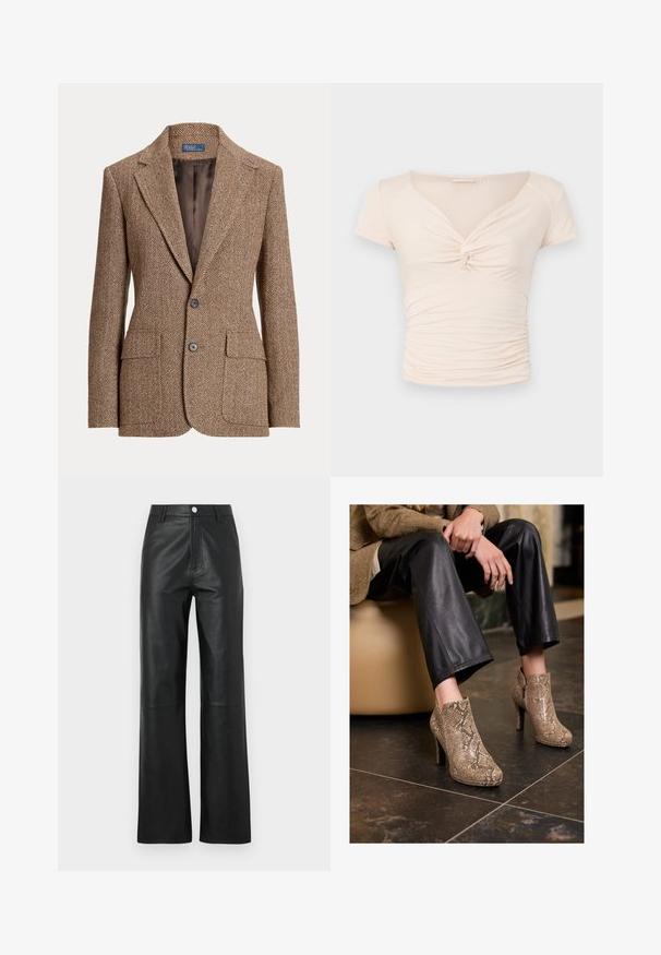 Blazer de lã castanha em padrão espinha de peixe, com lapelas recortadas, dois bolsos frontais com aba, dois botões e forro interior castanho suave.; Top curto de manga curta em bege claro com decote em V e detalhe torcido na frente, apresentando textura franzida nas laterais para um design ajustado.; Calças de couro pretas com uma textura suave, design de perna larga, fecho frontal com botão e detalhes de costura subtis.; Pessoa vestindo calças de couro pretas e botas de salto alto com padrão de pele de cobra bege, sentada em um assento bege dentro de um espaço fechado.