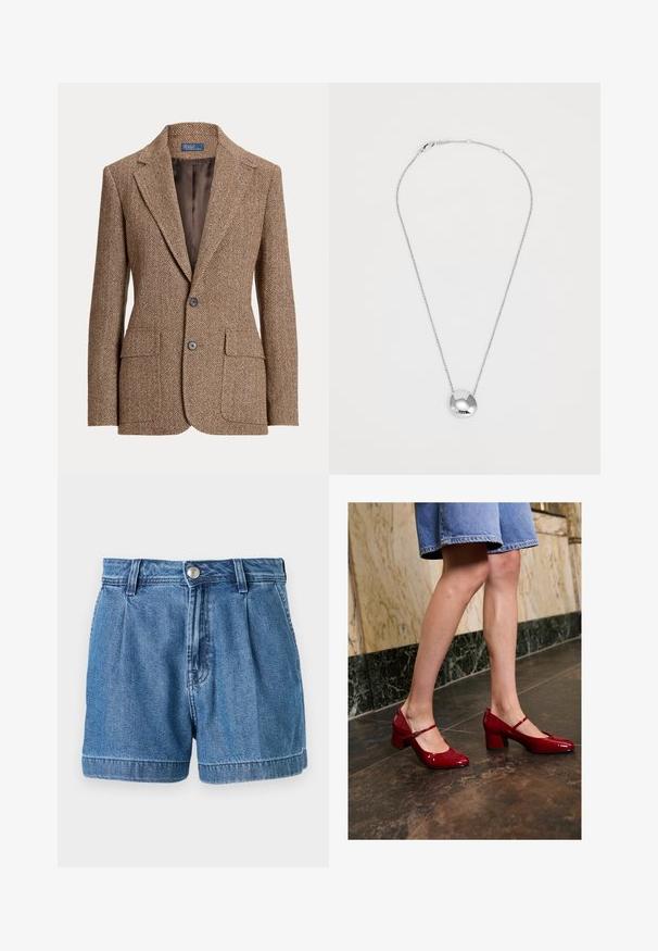 Blazer en laine marron à motif chevrons, avec des revers à cran, deux poches avant à rabat, deux boutons et une doublure intérieure marron lisse.; Débardeur crème à côtes, avec des bretelles fines, une coupe ajustée et un ourlet droit. L'étiquette indique "IVY OAK". Le tissu semble doux et extensible.; Shorts en denim bleu, avec une taille haute, un devant plissé et des poignets déroulés. Le tissu a une légère texture et un design standard à cinq poches.; Personne portant des escarpins blocs rouges brillants et une jupe en denim bleu, se tenant sur un sol carrelé sombre près d'un mur en marbre.; Collier en pendentif en argent avec un design lisse et arrondi, comportant deux accents découpés. Il dispose d'une chaîne fine et d'un fermoir sécurisé.
