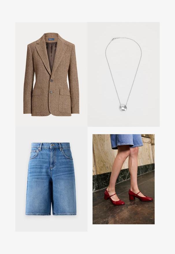 Brūns herringbone vilnas žakets ar izgrieztiem klājiem, divām priekšējām kabatām, divām pogām un gludu brūnu iekšējo oderi.; Krems krēmo ribota bezpiedurkņu topa ar plānām siksnām, pieguļoša dizaina un taisnu apakšmalu. Uz birkas ir rakstīts "IVY OAK". Materiāls izskatās mīksts un elastīgs.; Gaišzili džinsu šorti, ar augstu jostu, plaša kāju dizainu, pieciem kabatām un iespējamām šuvēm gar malām.; Persona, kas valkā spīdīgas sarkanas Mary Jane bloku papēžu kurpes un zilu džinsu svārku, stāv uz tumša flīžu grīdas netālu no marmora sienas.; Sudraba kulons ar gludu, noapaļotu dizainu un diviem izgriezumiem. Aprīkots ar plānu ķēdīti un drošu sprādzi.