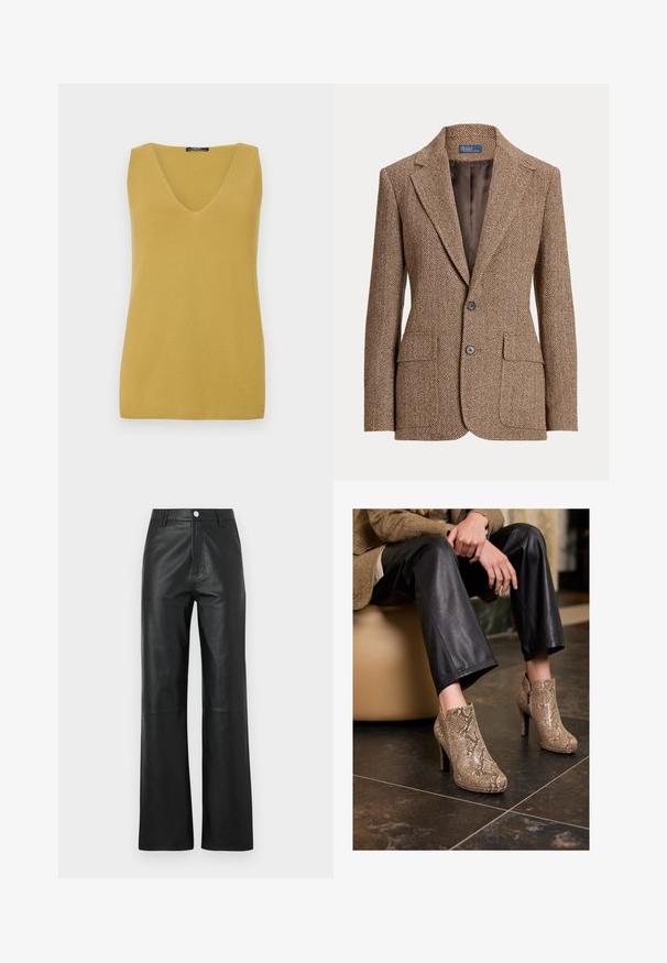 Blazer in lana a motivo a spina di pesce marrone con rever a lancia, due tasche a patta frontali, due bottoni e foderato in morbido tessuto marrone.; Top senza maniche color giallo senape con scollatura a V, realizzato in un materiale a maglia testurizzato, caratterizzato da un design semplice e dritto.; Camicia beige a maniche lunghe con un ampio colletto a punta, chiusura con bottoni e polsini larghi. Realizzata in un tessuto morbido e leggero.; Pantaloni in pelle nera con una texture liscia, design a gamba larga, chiusura anteriore con bottone e dettagli di cucitura discreti.; Persona vestita con pantaloni in pelle nera e stivali alla caviglia con tacco alto in pelle d'anguilla beige, seduta su una sedia beige all'interno.