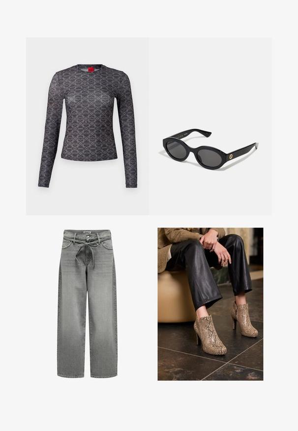 Brown herringbone wool blazer with notch lapels, two front flap pockets, two buttons, and smooth brown inner lining.; Long-sleeve shirt in black and gray with a geometric pattern. Features a crew neck and logo detail on the front and back. Smooth texture.; Wide-leg gray denim jeans with a drawstring waistband and front pockets. The fabric features a slight texture and faded finish.; Person wearing black leather pants and beige snakeskin-patterned high-heeled ankle boots, sitting on a beige seat indoors.; Black oval sunglasses with dark lenses and glossy plastic frame. Features gold logo on the temple, offering a sleek and modern design.