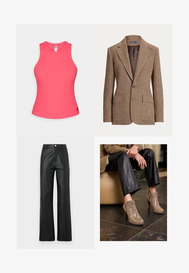 Pruun herringbone villast bleiser, millel on nurgelised kraed, kaks esi- jaotustaskut, kaks nuppu ja sile pruun vooder.; Roosa soonik, millel on kõrge kaelus ja laiad varrukakohtad. Kaeluse äärel on logo riba ja tal on liibuv siluett. Pehme materjal.; Mustad nahkpüksid, millel on sile tekstuur, laiad sääred, esipaneelil nupukinnitus ja tagasihoidlikud õmblused.; Isik, kes kannab musti nahkpükse ja beeži madu nahast kõrge kontsaga ankle saapaid, istub beežil istmel siseruumides.