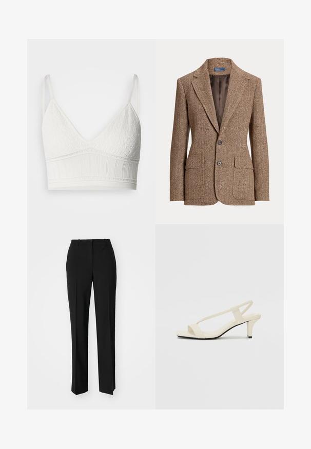 Brun hørfrakke i fiskebensmønster med notch-krave, to forreste klapkasser, to knapper og glat brun inderside.; Hvid blonde-bralette med en trekantet form, der har tekstureret øverste stof og et ribbet elastikbånd, justerbare stropper og en glat finish.; Sorte skræddersyede bukser med lige ben-design, der har en glat tekstur og skarpe folder langs fronten. Ingen synlige hardware.; Beige blokhælede sandaler med tynde remme og en firkantet tå. Glat materiale med minimal detaljering, designet til nem brug.