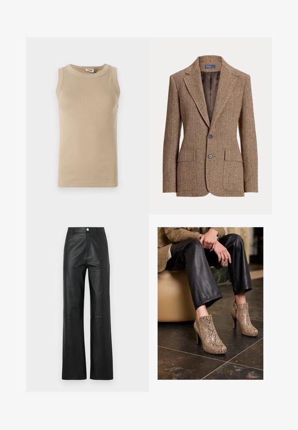 Brown herringbone wool blazer with notch lapels, two front flap pockets, two buttons, and smooth brown inner lining.; Beige sleeveless top made of ribbed fabric with a round neck, featuring tonal stitching and a fitted design.; Black leather pants with a smooth texture, wide leg design, front button closure, and subtle stitching details.; Person wearing black leather pants and beige snakeskin-patterned high-heeled ankle boots, sitting on a beige seat indoors.