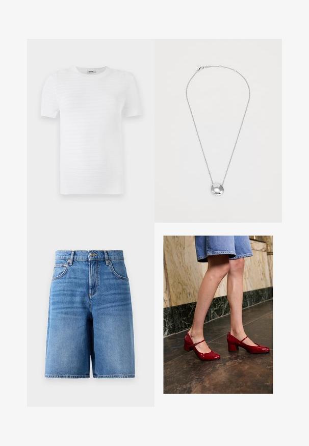 Hnědý vlněný blazer s bobřími vzory, s klopami, dvěma předními kapsami se záhybem, dvěma knoflíky a hladkým hnědým podšívkou.; Bílé tričko s krátkým rukávem vyrobené z texturované látky, vybavené žebrovaným vzorem. Design zahrnuje kulatý výstřih a rovný střih.; Džínové šortky ve světle modré barvě, s vysokým pasem, širokým nohavicemi, pěti kapsami a prošíváním podél okrajů.; Osoba v lesklých červených Mary Jane botách na blokovém podpatku a modré džínové sukni stojí na tmavé dlažbě poblíž mramorové zdi.; Stříbrný přívěsek na řetízku s hladkým, zaobleným designem a dvěma výřezovými akcenty. Obsahuje tenký řetízek a bezpečné zapínání.