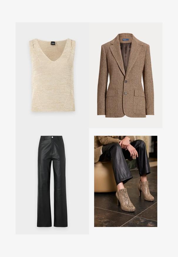 Brown herringbone wool blazer with notch lapels, two front flap pockets, two buttons, and smooth brown inner lining.; Beige ribbed sleeveless sweater with a deep V-neckline. Knit texture with subtle color variations and side detailing. Brand label visible.; Black leather pants with a smooth texture, wide leg design, front button closure, and subtle stitching details.; Person wearing black leather pants and beige snakeskin-patterned high-heeled ankle boots, sitting on a beige seat indoors.