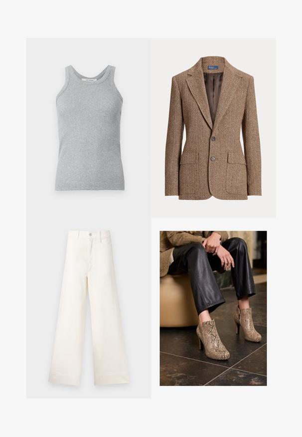 Rudas herringbone audinio švarkas su notch tipo apykakle, dviem priekinėm kišenėm su uždengimais, dviem boutonais ir lygaus rudo vidinio pamušalo.; Pilkas raukšlėtas tank top'as su apvaliu iškirpimu ir plačiomis petnešėlėmis. Medžiaga turi švelnų tekstūrą ir prigludusią siluetą.; Bežinė ilgomis rankovėmis marškiniai su dideliu smailiu apykakle, priekyje mygtukais ir plačiomis rankovių apykaklėmis. Pagaminti iš lygaus, lengvo audinio.; Platus kojų kelnes šviesiai smėlio spalvos medvilnės. Aukšta juosmens linija, priekinės kišenės ir tiesus kirpimas. Švarus apvadas be raštų.; Asmuo vilkintis juodus odinius kelnes ir kreminės spalvos gyvatės odos raštą turinčius aukštakulnius aulinukus, sėdi ant šviesiai rudo sėdynės patalpose.