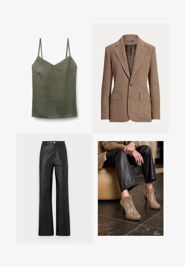 Hnědý vlněný blazer s bobřími vzory, s klopami, dvěma předními kapsami se záhybem, dvěma knoflíky a hladkým hnědým podšívkou.; Olivově zelená, lehká tílko s V-výstřihem a tenkými nastavovacími ramínky. Hladká textura s jemným leskem a minimem švových detailů.; Černé kožené kalhoty s hladkou texturou, široký střih nohavic, zapínání na knoflík vpředu a jemné švy.; Osoba v černých kožených kalhotách a béžových vysokých botách s hadím vzorem, sedící na béžovém sedadle uvnitř.