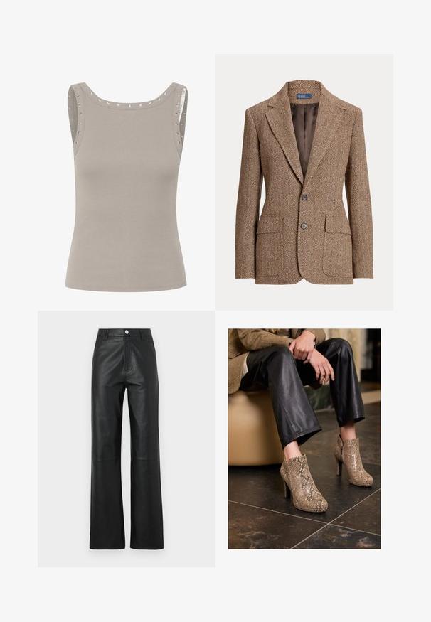 Brauner Herringbone-Wollblazer mit Reverskragen, zwei Fronttaschen mit Klappen, zwei Knöpfen und glatter brauner Innenseite.; Hellgraues, ärmelloses Oberteil mit gerippter Textur, das metallische Ösenakzente an den Schultern und einen abgerundeten Ausschnitt aufweist.; Schwarze Lederhosen mit glatter Textur, weitem Bein, Frontknopfverschluss und dezenten Nähdetails.; Person in schwarzen Lederhosen und beigen High Heels mit Schlangenleder-Muster, sitzt auf einem beigen Sitzplatz drinnen.