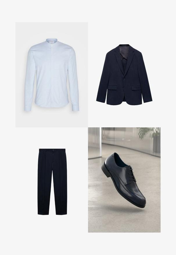 Mornarski blejzer izdelan iz blaga, ki ima izrezan ovratnik, dve sprednji žepki, en gumb za zapiranje in gladko notranjo podlogo.; Svetlo modra srajca z dolgimi rokavi in mandarin ovratnikom, ki ima sprednje gumbe in mehak, teksturiran material. Prilagojen kroj z zaobljenim robom.; Mornarsko modri hlače s ravnim sprednjim delom, izdelane iz lahkega materiala z gladko teksturo; vsebujejo zapiranje na gumb in dva stranska žepa.; Svetleče črne usnjene čevlje za obleko z vezalkami, ki lebdi nad gladko, svetlo sivo tlemi ter vertikalnimi kovinskimi palicami v ozadju.