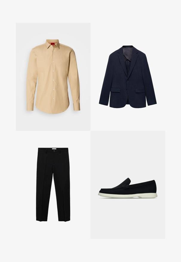 Námornícky blejzer vyrobený z látky, s vystrihnutým golierom, dvoma prednými vreckami, jedným gombíkom a hladkou podšívkou.; bežová košeľa na gombíky z hladkej tkaniny s klasickým golierom, dlhými rukávmi a jemnou textúrou s bielymi gombíkmi.; Čierne oblekové nohavice so strihaním do rovna, s jednému gombíku, pútkami na opasok a prednými záhybmi. Vyrobené z hladkej látky.; Čierne nazúvacie topánky s okrúhlou špičkou, s textúrovaným zvrškom, hladkou bielou podrážkou a jemným brandingom po boku.