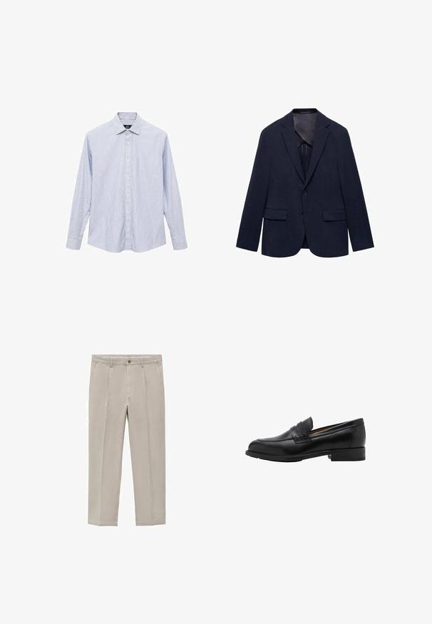 Mornarski sako od tkanine, s ovratnikom urezanim u oblik slova V, dva prednja džepa, zatvaranjem na jedan gumb i glatkim unutarnjim podstavljanjem.; Prugasta košulja s dugim rukavima u svijetloplavoj i bijeloj boji od pamuka. Ima klasičan ovratnik, duge rukave i zakrivljen rub. Dugmad na prednjoj strani.; Svijetlosmeđi hlače od mješavine pamuka, s ravnim krojem, prednjim plićima, zatvaranjem na gumb i bočnim džepovima.; Crne kožne loafers c revama sprijeda i ravnim potplatom. Glatka tekstura s okruglim vrhom i ukrasnom trakom preko instep-a.