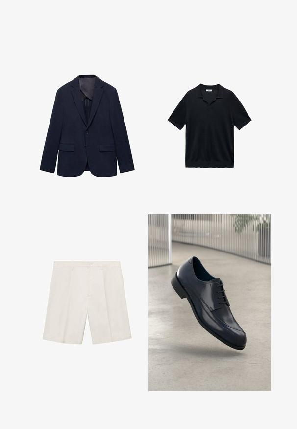 Marineblazer aus Stoff, mit einem Reverskragen, zwei vorderen Taschen, Einknopfverschluss und einem glatten Innenfutter.; Schwarzes Poloshirt mit kurzen Ärmeln, V-Ausschnitt, flachem Kragen und gerippter Textur. Das Material wirkt leicht und glatt.; Beige maßgeschneiderte Shorts aus leichtem Stoff. Mit Knopfverschluss, zwei Fronttaschen und geradem Bein Design. Glatte Textur.; Glänzender schwarzer Leder-Dressschuh mit Schnürsenkeln, schwebend über einem glatten, hellgrauen Boden und vertikalen Metallstäben im Hintergrund.