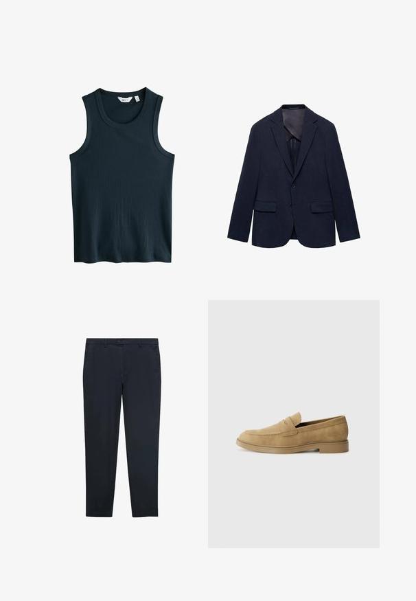 Marineblazer lavet af stof, med en notch-krave, to frontlommer, enkelt knaplukning og en glat inderside.; Mørkeblå ribbet tanktop med rund halsudskæring og brede skulderstropper. Ingen synlige mønstre eller detaljer. Lavet af et blødt, elastisk materiale.; Marineblå chinos lavet af et glat, let stof. Har en lige pasform, bæltestropper og forlommer med knaplukning.; Tan ruskindsloafers med rund tå, lav blokhæl og syet detaljering på overdelen. Glat overflade og minimalistisk design.