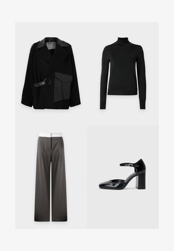 Čierny kabát z vlnenej zmesi s golierom zdobeným kožou, asymetrickým predným dielom, bočným vreckom a koženým remienkom s kovovým krúžkom.; Čierny dlhý rukáv rolák s rebrovanými manžetami a lemom, zobrazený na čistej bielej pozadí.; Široké nohavice v tmavosivom odtieni so vertikálnymi pruhmi. Pás je biely a elastický, čím vytvára kontrastný detail.; Čierne lakované dámske topánky na vysokom opätku so štvorcovou špičkou, remienkom okolo členku a masívnym opätkom. Obsahuje perforované detaily pozdĺž lemu.