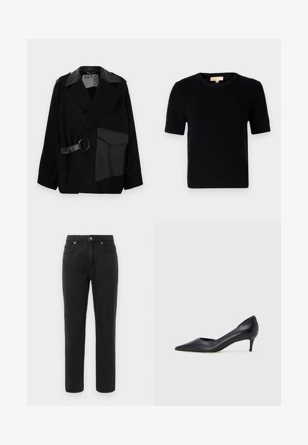 Fekete gyapjú keverék kabát bőrből készült gallérral, aszimmetrikus elülső résszel, oldalzsebbel és bőr pánttal, rajta fém gyűrűvel.; Fekete kötött rövid ujjú pulóver kerek nyakkivágással. Bordás textúrával és egyenes szabású aljjával rendelkezik. Címke a belső galléron.; Fekete farmernadrág egyenes szabással, standard ötpocket stílussal és gombos záródással. Finom varrási részletek jellemzik.; Fekete bőr magassarkú cipő hegyes orral és alacsony sarokkal. Sima felülettel és enyhe fényű kialakítással rendelkezik. Az elején nyitott részlet a fokozott díszítésért.