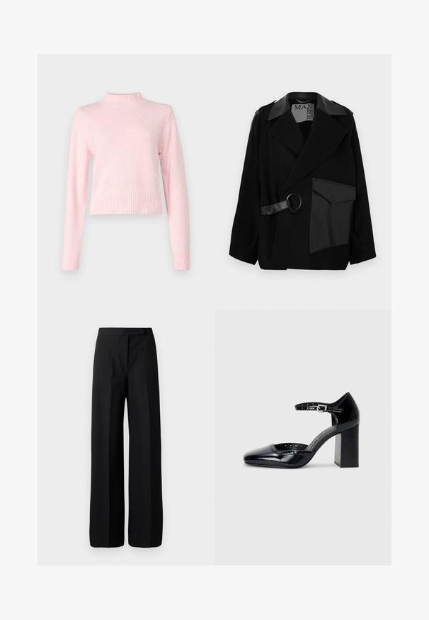 Sort uldblanding frakke med læder-accenteret krave, asymmetrisk forside, sidelomme og en læderrem med en metalring.; Lyserød sweater med høj hals og lange ærmer. Fremstillet af blød tekstur, med ribbet kant og manchetter for et tætsiddende look.; Bredbenede sorte bukser med en glat, mat tekstur. Flad talje uden synligt hardware eller mønstre. Simpelt og elegant design.; Sorte patenterede læder højhælede sko med firkantet tå, ankelrem og en kraftig hæl. Inkluderer perforerede detaljer langs kanten.