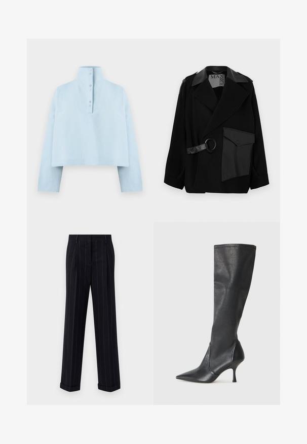 Juodas vilnos mišinio paltas su odos akcentais ant apykaklės, asimetriška priekyje, šonine kišene ir odine diržele su metaliniu žiedu.; Šviesiai mėlynas trumpas marškiniai su aukštu apykakle, ilgomis rankovėmis ir penkių mygtukų uždarymu nugaros pusėje. Pagaminti iš lygaus, tekstūruoto audinio.; Juodi smėliniai kelnes su pritaikytu siluetu, su manžetėmis ir priekinėmis klostėmis. Pagaminta iš lygaus audinio su struktūrizuotu dizainu.; Juodų odinių batų iki kelių su smailiu pirštu ir plonu stiletto kulnu. Lygus paviršius, pritaikytas dizainas ir siuvimas viršutiniame krašte.