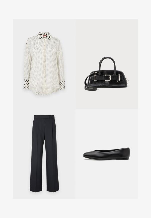 Schwarzer Wollmischmantel mit lederakzentuiertem Kragen, asymmetrischem Vorderteil, Seitentasche und einem Lederriemen mit Metallring.; Weiße Bluse mit Knopfleiste, langen Ärmeln, kleinen schwarzen Punkten überall und größeren schwarzen Punkten am Kragen und an den Manschetten.; Dunkelblaue Nadelstreifenhosen mit hoher Taille, weit geschnittenem Bein und ohne sichtbare Beschläge oder Verzierungen. Glatte Textur und taillierte Passform.; Paul Smith TOPANGA - Klassischer Ballerina - black; Schwarze Ledertasche mit Reißverschluss, zwei kurzen Griffen und einem abnehmbaren Umhängeriemen; verfügt über eine Schnallen-Details am Riemen.