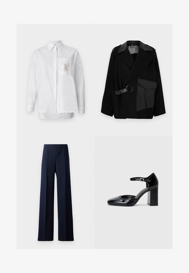 Musta villasekoitetakki, jossa on nahkasisustettu kaulus, epäsymmetrinen etuosa, sivutasku ja nahkainen hihna, jossa metallinen rengas.; Valkoinen nappikauluspaita, joka on valmistettu puuvillasta. Siinä on vasemmalla puolella rintatasku, jossa on vaaleanruskea kirjailtu monogrammi. Pitkät hihat ja suora helma.; Lantihaalari tummansinisestä kankaasta, jossa on sileä pinta, hienovaraiset etupesut ja istuva vyötärö, joka luo virtaviivaisen siluetin.; Musta lakattu nahkainen korkokenkä neliskanttisen kärjen, nilkkaremmin ja paksun koron kanssa. Mukana reikäkuviointi reunassa.