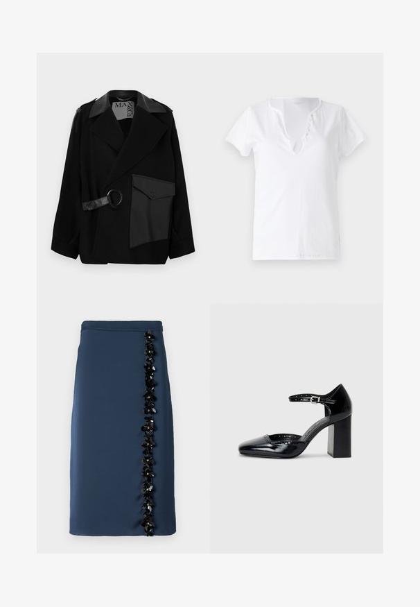 Čierny kabát z vlnenej zmesi s golierom zdobeným kožou, asymetrickým predným dielom, bočným vreckom a koženým remienkom s kovovým krúžkom.; Biele bavlnené tričko s krátkymi rukávmi, vo voľnom strihu a s výstrihom do V, ktorý má záhyb s piatimi dekoračnými gombíkmi.; Námornícky modrá ceruzková sukňa s bočným lemovaním z čiernych kvetinových ozdôb a flitrov, vyrobená z hladkej, ľahkej látky.; Čierne lakované dámske topánky na vysokom opätku so štvorcovou špičkou, remienkom okolo členku a masívnym opätkom. Obsahuje perforované detaily pozdĺž lemu.