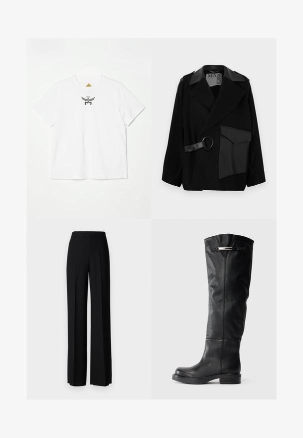 Casaco em mistura de lã preta com gola realçada a couro, frente assimétrica, bolso lateral e uma correia de couro com anilha metálica.; Camiseta de algodão branca com um pequeno logotipo preto com asas e "MCM" no centro à frente. Design de mangas curtas e gola redonda.; Calças largas pretas com uma textura suave, apresentando uma cintura alta e pregas centrais. Sem padrões visíveis ou detalhes em metal.; Botas de couro pretas até ao joelho com uma textura suave, bico redondo e um salto baixo em bloco. Possuem um detalhe prateado na parte superior.