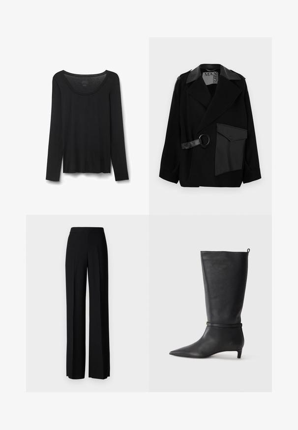 Černý kabát z vlněné směsi s límcem zdobeným kůží, asymetrickým předním dílem, boční kapsou a koženým páskem s kovovým kroužkem.; Černé dlouhé tričko s dlouhým rukávem vyrobené z měkkého materiálu. Má široký kulatý výstřih a volný střih se rovnými lemy. Žádné viditelné vzory nebo akcenty.; Černé kalhoty s širokým střihem a hladkým povrchem, s vysokým pasem a středovými skladbami. Žádné viditelné vzory ani kovové detaily.; Černé kožené kozačky ke kolenům s špičatou špičkou, zdobené kulatým páskem kolem kotníku a nízkým, zužujícím se podpatkem. Hladký povrch.