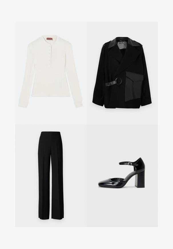 Abrigo de mezcla de lana negra con cuello acentuado en cuero, parte delantera asimétrica, bolsillo lateral y una correa de cuero con un anillo metálico.; Top de manga larga blanco de canalé con escote tipo henley y una tapeta de seis botones, que presenta puños ceñidos y una forma ligeramente ajustada.; Pantalones de pierna ancha negros con una textura suave, que presentan una cintura alta y pliegues centrales. Sin patrones visibles ni detalles de hardware.; Zapatos de charol negro de tacón alto con punta cuadrada, correa en el tobillo y tacón grueso. Incluye detalles perforados a lo largo del borde.