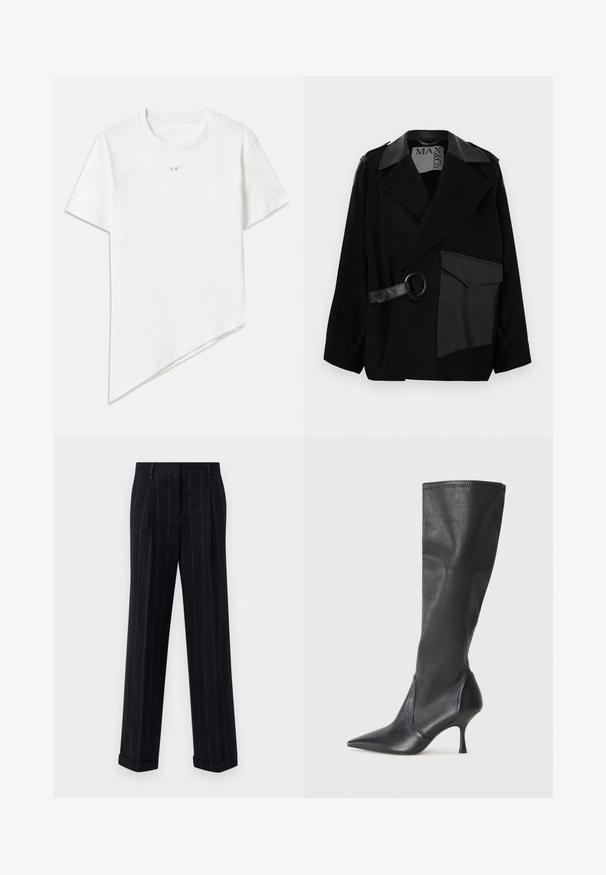 Crna kaput od mješavine vune s ovratnikom naglašenim kožom, asimetričnim prednjim dijelom, bočnim džepom i kožnim remenom s metalnim prstenom.; Bijela majica od pamuka. Ima okrugli izrez, kratke rukave i asimetričnu obrub s dijagonalnim rezom. Mali logo na prsima.; Crne prugaste hlače s krojem po mjeri, s opšivenim rubom i prednjim naborima. Izrađene od glatkog materijala s čvrstim dizajnom.; Čizme od crne kože visine do koljena s šiljastim nosom i uskim stiletto potpeticama. Glatka tekstura s tijesnim dizajnom i šavovima na gornjoj ivici.