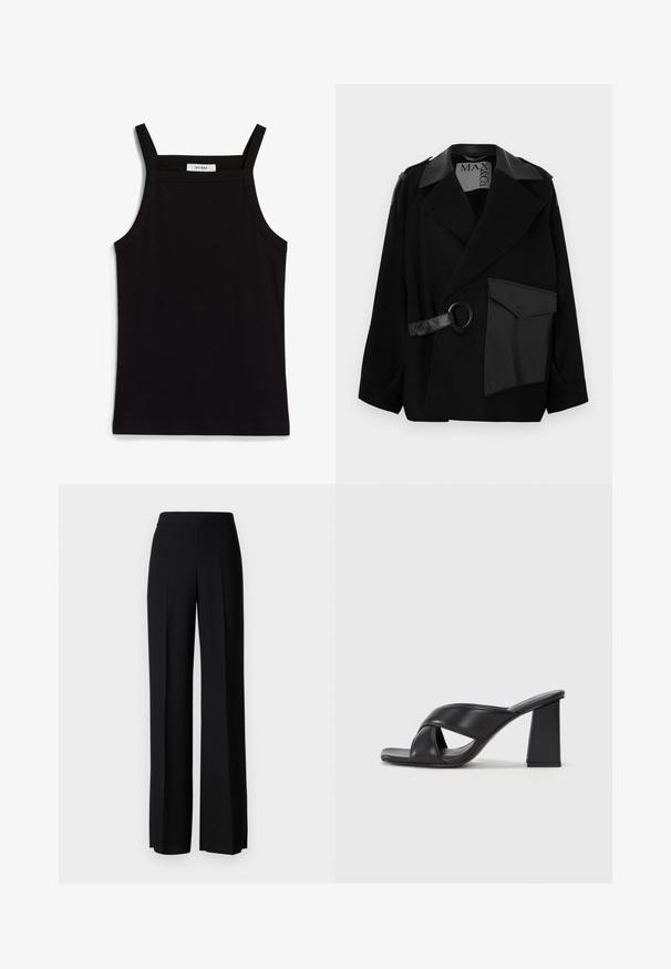 Black wool blend coat with leather-accented collar, asymmetrical front, side pocket, and a leather strap with a metal ring.; Black tank top with thin spaghetti straps, made of a ribbed fabric, featuring a straight cut and a label at the neckline reading "IVY OAK."; Black wide-leg trousers with a smooth texture, featuring a high waistband and center pleats. No visible patterns or hardware details.; MAX&Co. SOHO - High heeled sandals - schwarz