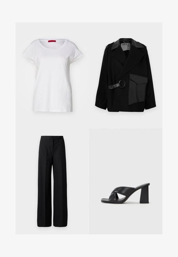 Schwarzer Wollmischmantel mit lederakzentuiertem Kragen, asymmetrischem Vorderteil, Seitentasche und einem Lederriemen mit Metallring.; MAX&Co. MALDIVE - T-Shirt basic - weiss; Schwarze weit geschnittene Hosen aus glattem, mattem Material. Flacher Bund ohne sichtbare Hardware oder Muster. Einfaches und elegantes Design.; MAX&Co. SOHO - High Heel Sandalette - schwarz