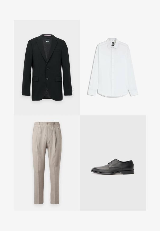 Zwarte op maat gemaakte herenblazer met notch-revers, twee knopen aan de voorkant, klepzakken en een merklabel aan de binnenkant.; Witte lange mouwen knopen overhemd, katoenen stof, klassieke kraag, rechte zoom, subtiele textuur aan de binnenkraag en parelachtige knopen.; Beige op maat gemaakte broeken met een gladde textuur, voorzien van een knoopsluiting, elastische tailleband en twee zijzakken. Rechte pijp.; Zwarte leren herenschoen met veters, lage hak en een gladde, licht gestructureerde afwerking op een effen witte achtergrond.