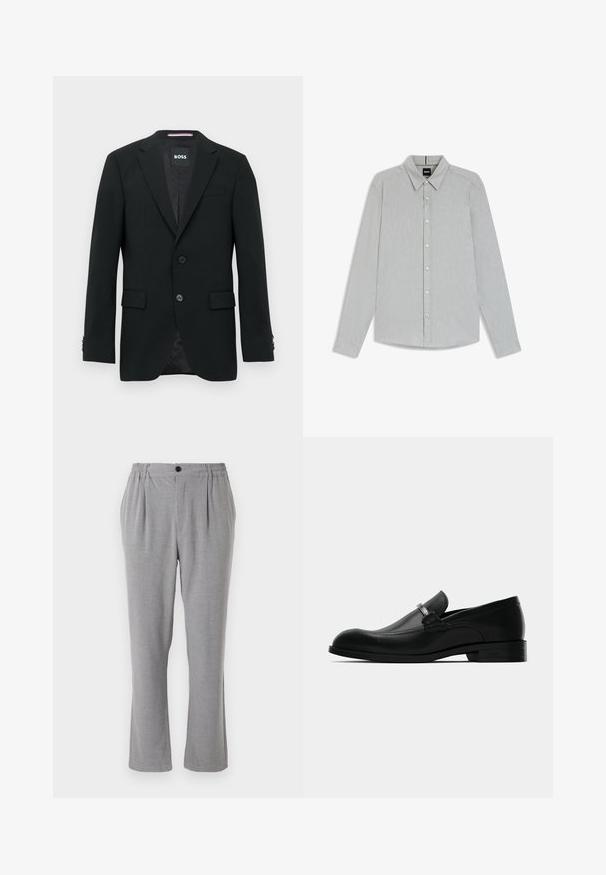 Schwarzer maßgeschneiderter Herrenblazer mit Reverskragen, zwei vorderen Knöpfen, aufgesetzten Taschen und einem markierten Innenetikett.; Hellgraues Langarmshirt aus einem strukturierten Stoff, mit spitzem Kragen, geknöpftem Frontbereich und geknöpften Manschetten.; Graue Hose aus strukturiertem Stoff mit Knopfverschluss und elastischem Bund. Gerades Bein mit Seitenfalten.; Schwarze lederne Herrenmokassin mit einer Metallschnalle, flachem Absatz und markiertem Sohlen, seitlich auf einem weißen Hintergrund gezeigt.
