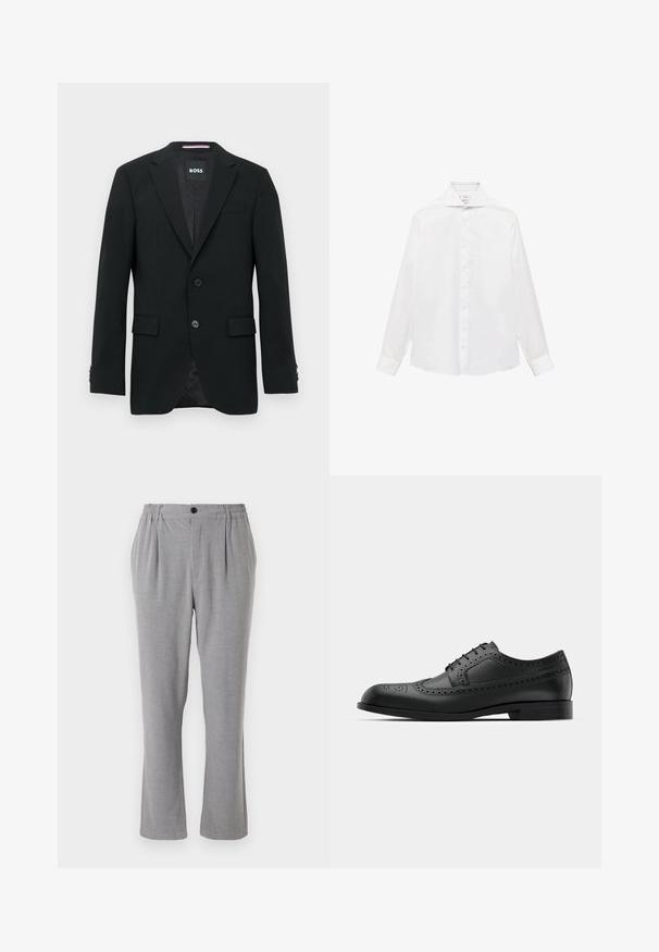 Czarna, dopasowana marynarka męska z klapami, dwoma przednimi guzikami, kieszeniami z klapkami i markową metką wewnętrzną.; Biała, długorękawowa koszula zapinana na guziki z wyrazistym kołnierzykiem, o gładkiej fakturze i siedmioma guzikami z przodu.; Szare spodnie z teksturowanej tkaniny, z zapięciem na guzik i elastycznym pasem. Prosty krój nogawki z bocznymi fałdami.; Czarne skórzane buty eleganckie z detalami w stylu brogue, gładkim wykończeniem, okrągłym noskiem i niskim pęknięciem na obcasie. Klasyczny design na sznurowanie zapewniający bezpieczne dopasowanie.