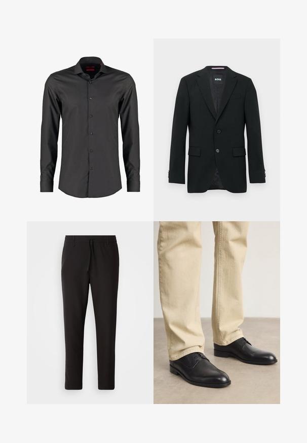 Fekete, testre szabott férfi zakó, amelyen hajtott gallér, két elülső gomb, zsebkendős zsebek és márkázott bélés található.; Fekete, hosszú ujjú, slim fit póló, sima anyagból készült. Éles gallérral és hat gombbal a fronton.; Fekete jogger nadrág sima anyagból. Rugalmas derekú, húzózsinórral, tapered lábakkal és látható zsebek nélkül készül. Egyszerű dizájn.; Fekete bőrfűzős cipő kerek orral, sima felülettel és finom varrási részletekkel, világos bézs nadrággal viselve.