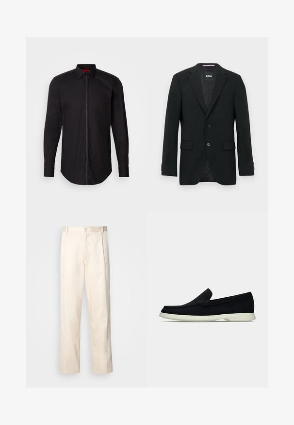 Crni muški sako krojenog kroja s reverima, s dva prednja gumba, džepovima s preklopom i unutarnjom etiketom s brandom.; Crna majica dugih rukava s prednjim patentnim zatvaračem, ovratnikom na tipku i blago zaobljenim rubom. Glatka tkanina s minimalnim detaljima i crvenim unutarnjim oblogom.; Bežaste pamučne hlače ravnog kroja s kopčanjem na dugme i plisiranjima sprijeda za dodatni detalj.; Crna cipelica bez vezica s zaobljenim vrhom, s teksturiranim gornjim dijelom, glatkim bijelim đonom i suptilnim detaljem brendiranja sa strane.