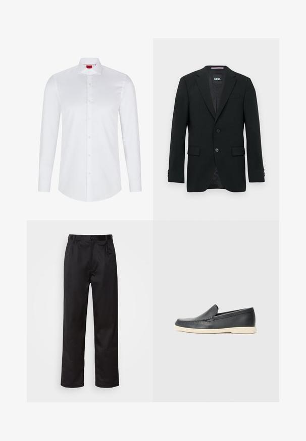 Blazer masculin negru, croi personalizat, cu revere în formă de cuțit, două butoane frontale, buzunare cu clapă și etichetă interioară de marcă.; Cămașă albă cu mâneci lungi și nasturi, fabricată din bumbac neted. Are un guler clasic, o placket cu nasturi completă și o margine rotunjită.; Pantaloni negri dintr-un material neted, cu închidere prin nasture frontal, pliseuri și picioare drepte. Fără modele sau accente vizibile.; Pantofi loafers din piele neagră, cu un finisaj texturat și o talpă din cauciuc bej contrastantă. Au un accent subtil pe partea din față.