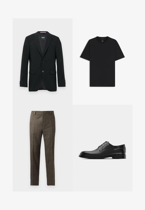Zwarte op maat gemaakte herenblazer met notch-revers, twee knopen aan de voorkant, klepzakken en een merklabel aan de binnenkant.; Zwarte korte mouwen T-shirt van een gladde katoenmix, met een ronde halslijn en een minimalistisch ontwerp zonder patronen of accenten.; Geruite bruine broeken hebben een rechte snit, voorplooien en ceintuurlussen. Gemaakt van een gestructureerde stof met fijne streepjes.; Zwarte leren dress shoe met een ronde neus, een gladde textuur, minimale naden en een platte zool met subtiele branding op de hiel.