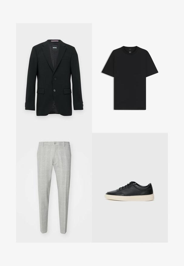 Black tailored men's blazer with notch lapels, two front buttons, flap pockets, and a branded inner label.; Black short-sleeve T-shirt made from a smooth cotton blend, featuring a crew neckline and a minimalistic design with no patterns or accents.; Gray plaid trousers with a tailored fit, featuring a flat front, a single button closure, and belt loops. Made of a smooth fabric.; Black low-top leather sneaker with black laces and off-white sole shown in side profile on white background.