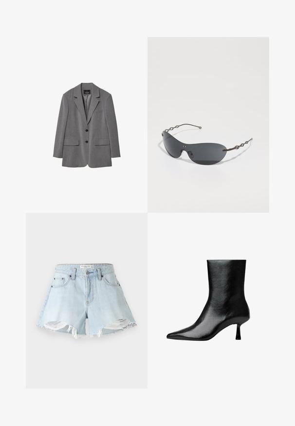 Šedý přizpůsobený blazer s klopami, dvěma předními kapsami, dvěma knoflíky a jednoduchou podšívkou. Vyrobeno z kombinované tkaniny s hladkou strukturou.; Bílá košile s dlouhým rukávem, se strukturálním límečkem a černou kravatou, vyrobená z hladkého bavlněného materiálu se zapínáním na knoflíky.; Světle modré džíny střihu kraťasů, s roztrhaným lemem, třepícími se okraji a klasickým designem pěti kapes. Obsahuje kovový knoflík a zapínání na zip.; Černé kotníkové boty vyrobené z lesklé kůže s špičatou špičkou a úzkým podpatkem, se hladkým povrchem a minimalistickým designem.; Sluneční brýle s tmavě šedými čočkami, elegantním zakřiveným tvarem a charakteristickými vlnitými kovovými stranicemi. Povrch je hladký s jemným matným povrchem.; Černá kožená kabelka s pletenými držadly, texturovaným povrchem, přední kapsou na zip a dekorativními třásněmi. Kompaktní a strukturovaný tvar.