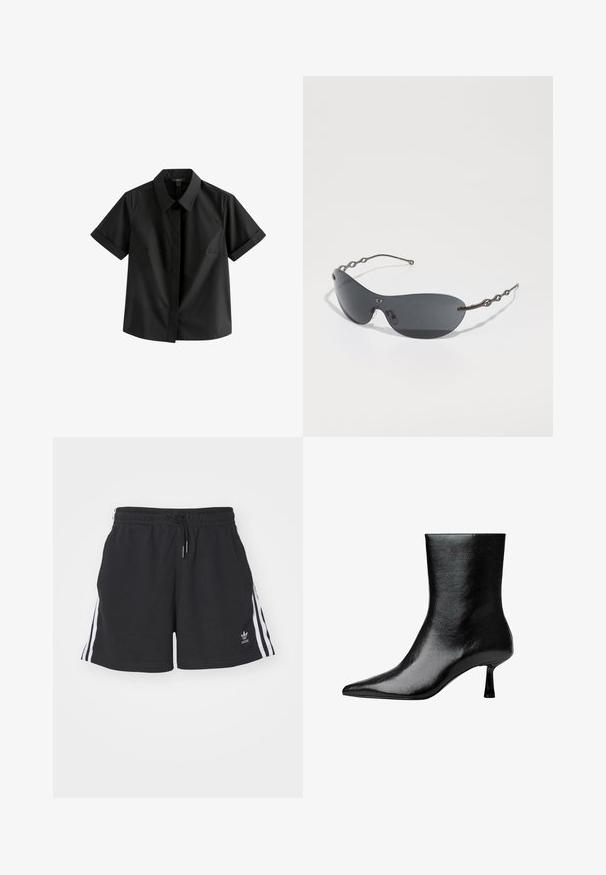 Gray tailored blazer with notch lapels, two front pockets, two buttons, and a simple lining. Made from a blended fabric with a smooth texture.; Short-sleeve black shirt made of smooth fabric, featuring a pointed collar, front button closure, and subtle side seams.; Black athletic shorts made of cotton blend, featuring white side stripes, elastic waistband with drawstring, and small logo on the hem.; Black ankle boot made of glossy leather with a pointed toe and slim heel, featuring a smooth texture and minimalistic design.; Sunglasses with dark gray lenses, sleek curved shape, and distinctive wavy metal arms. Surface is smooth with a subtle matte finish.; Black leather handbag with braided handles, textured surface, zippered front pocket, and decorative fringe accents. Compact and structured shape.