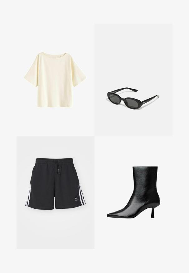 Harmaan muotoiltu bleiseri, jossa on lovet ja kaksi etupussia, kaksi nappia ja yksinkertainen vuori. Valmistettu sekoitekankaasta, jossa on sileä rakenne.; Kerman puuvillapaita, lyhyt malli, leveät lyhyet hihat, pyöreä kaula-aukko, yksivärinen, sileä pinta, ilman näkyviä kuvioita tai yksityiskohtia.; Mustat urheilushortsit, jotka on valmistettu puuvillasekoitteesta. Shortsien sivuilla on valkoiset raidat, vyötäröllä on joustava vyötärönauha ja kiristysnauha, ja helman kohdalla on pieni logo.; Musta nilkkuri kiiltävästä nahasta, jossa on terävä kärki ja kapea korko, sekä sileä pinta ja minimalistinen muotoilu.; Mustat aurinkolasit, joissa on soikeat linssit, kiiltävä muovikehys ja kapeat varret. Sivussa on valkoinen Ray-Ban-logo.; Musta nahkalaukku, jossa on punotut kahvat, teksturoitu pinta, vetoketjullinen etutasku ja koristeelliset fringes-akoristeet. Kompakti ja jämäkkä muoto.