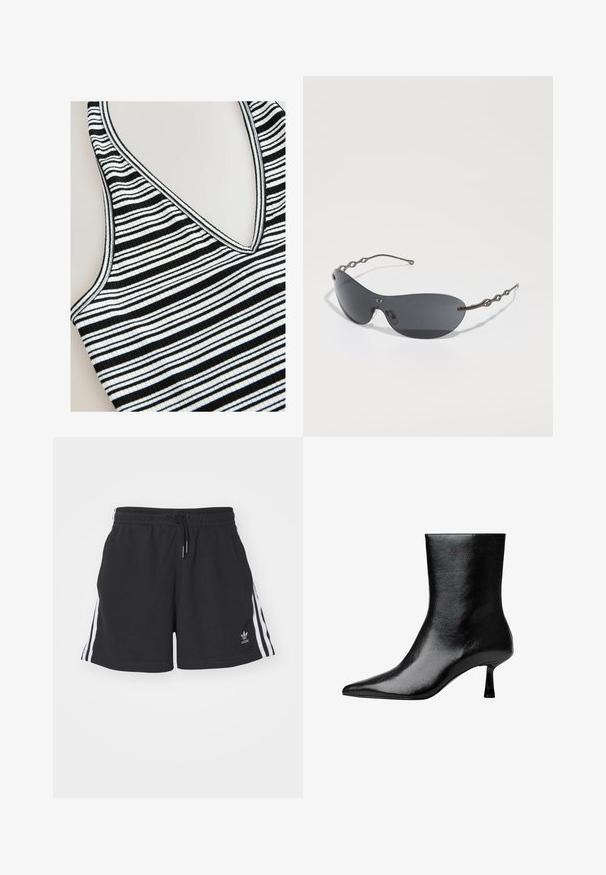 Szary dopasowany żakiet z klapami na notch, dwoma przednimi kieszeniami, dwiema guzikami i prostą podszewką. Wykonany z tkaniny mieszanej o gładkiej fakturze.; Koszulka na ramiączkach w paski z czarno-białymi poziomymi paskami, dekoltem w kształcie litery V, prążkowaną teksturą i kontrastującymi krawędziami.; Czarne spodenki sportowe wykonane z mieszanki bawełny, z białymi paskami po bokach, elastycznym pasem z troczkiem oraz małym logo na końcu.; Czarny botek do kostki wykonany z błyszczącej skóry, z wąskim noskiem i smukłym obcasem, charakteryzujący się gładką fakturą i minimalistycznym designem.; Okulary przeciwsłoneczne z ciemnoszarymi soczewkami, eleganckim, zakrzywionym kształtem i charakterystycznymi falistymi metalowymi ramionami. Powierzchnia jest gładka z delikatnym matowym wykończeniem.; Czarna skórzana torebka z plecionymi uchwytami, teksturowaną powierzchnią, zamykanym z przodu kieszonką oraz dekoracyjnymi frędzlami. Kompaktowy i wyraźny kształt.