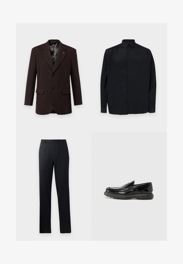 Dunkelbrauner Wollblazer mit Schalkragen, zwei vorderen Taschen und einem einreihigen Knopfverschluss. Glattes Satinfutter.; Schwarz langärmliges Shirt aus glattem Stoff, mit klassischem Kragen, Knopfleiste und lässiger Passform mit eingefassten Ärmeln.; Schwarze Hose mit geradem Bein, ausgestattet mit einer glatten Textur und einem flachen Bund, geeignet für formelle oder lässige Anlässe.; Schwarze Lederloafer mit glanzendem Finish, abgerundetem Zehenbereich, subtilen Steppnähten und einer dicken Gummisohle für Langlebigkeit.